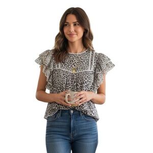 Bellerose Hudalla Leopard Print Blouse Cropped Flutter Sleeves Women 0 XS / S
N